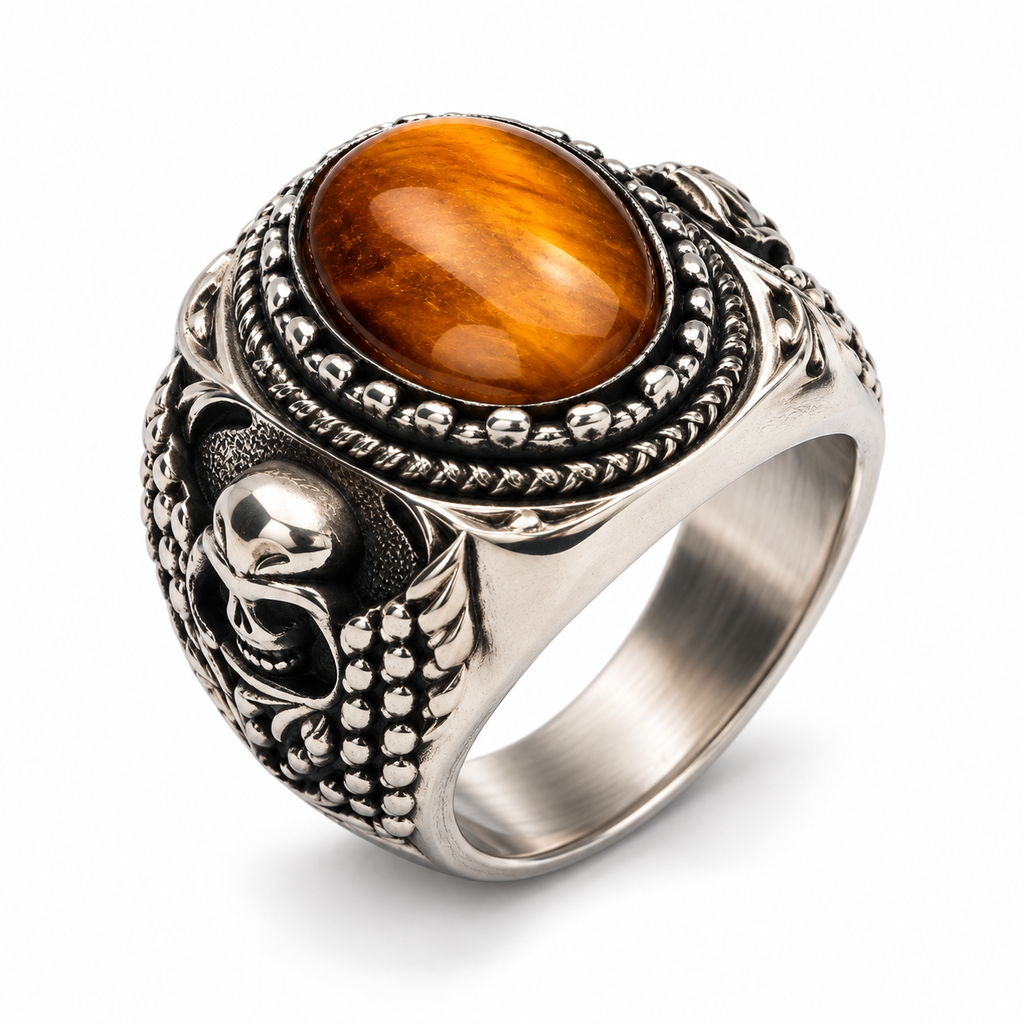 Men's gothic skull tiger eye stone ring in antique finish stainless steel

