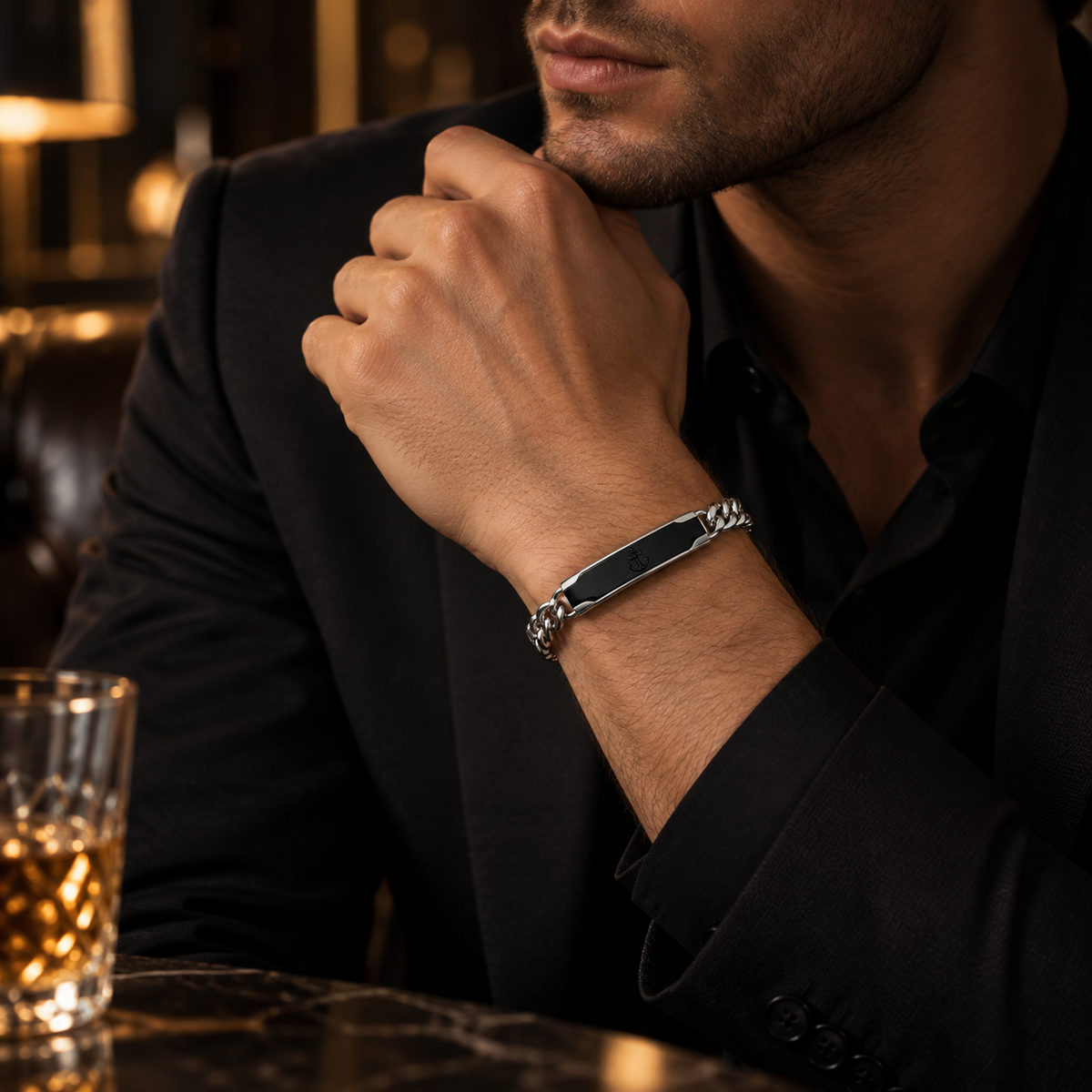 Men's Cuban Curb Chain Black Enamel Anchor ID Bar Bracelet – Stainless Steel Jewelry