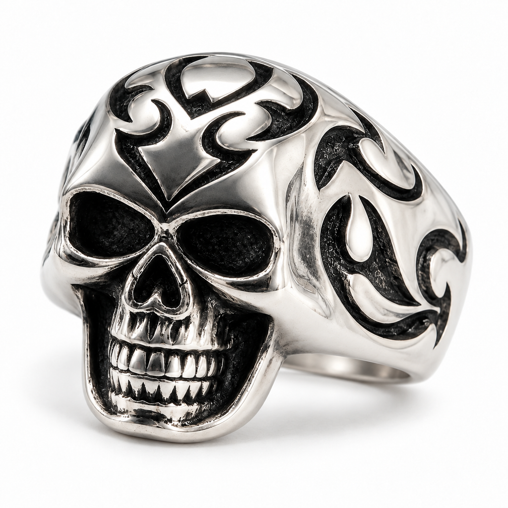 Men's tribal flame skull ring in polished stainless steel

