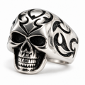 Men's tribal flame skull ring in polished stainless steel
