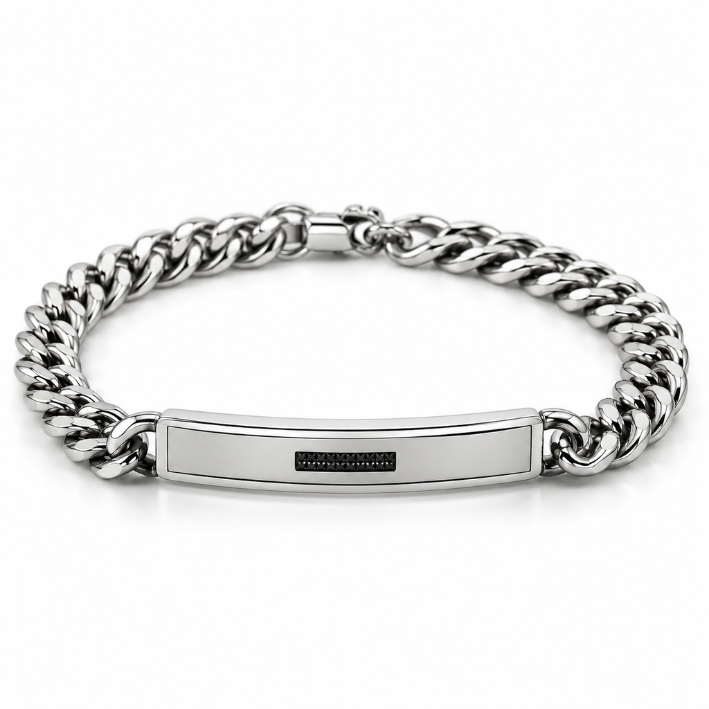 Men's stainless steel Cuban curb chain ID bar bracelet with horizontal black pavé CZ stones

