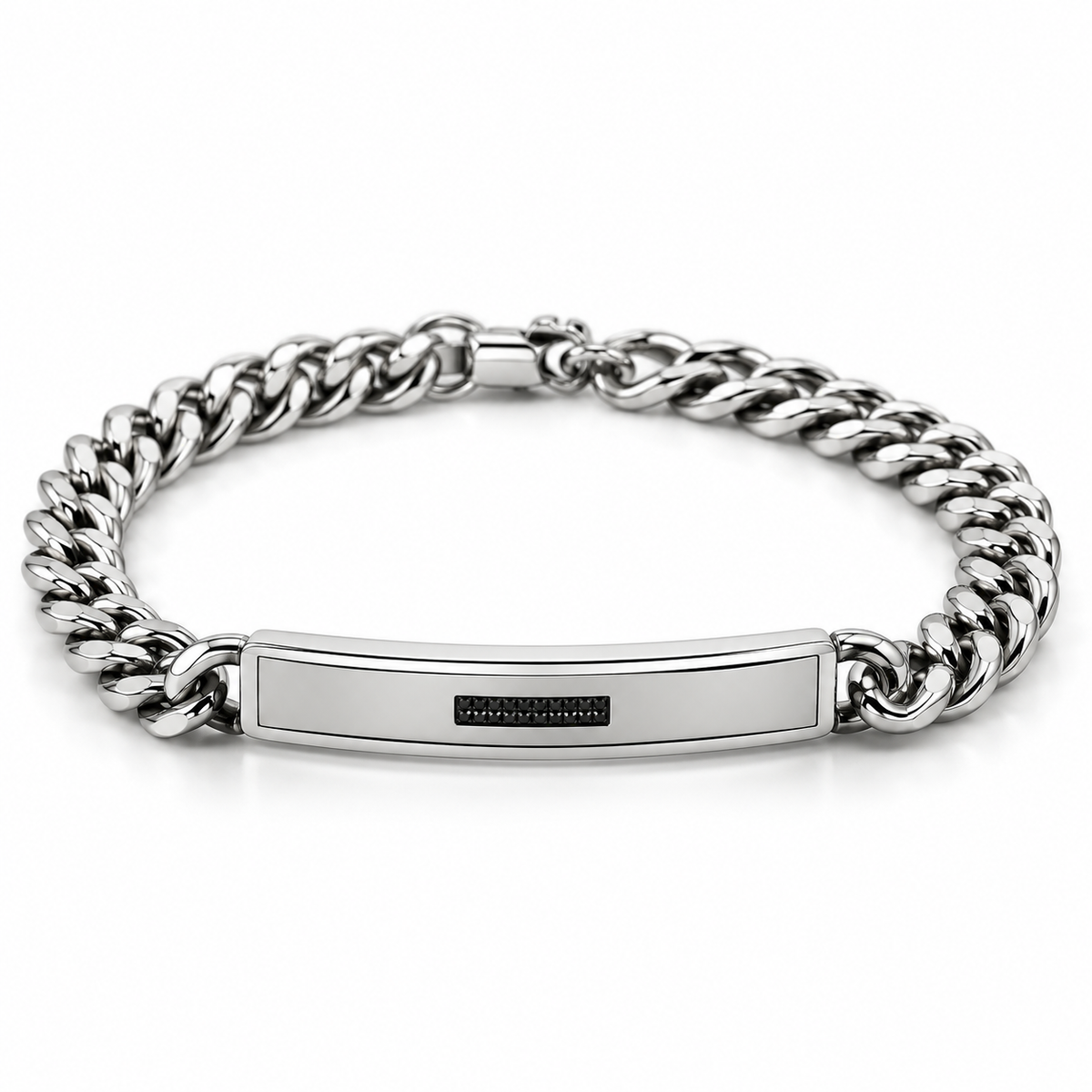 Men's stainless steel Cuban curb chain ID bar bracelet with horizontal black pavé CZ stones
