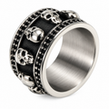 Men's Vintage Multi-Skull Wide Band Ring in stainless steel with industrial gear borders
