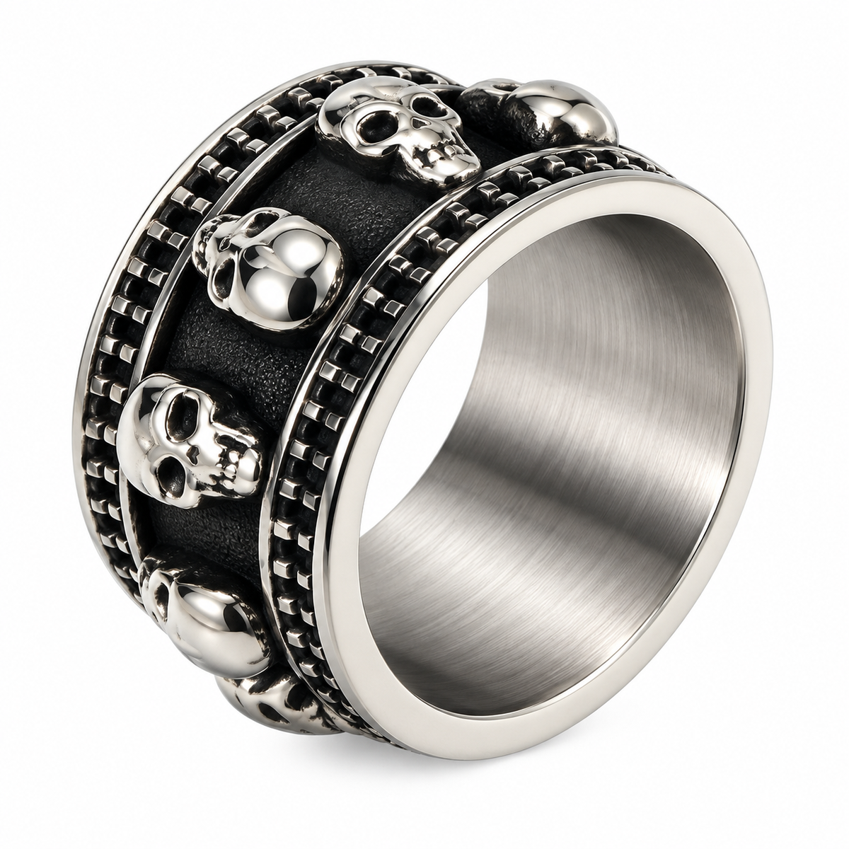 Men's Vintage Multi-Skull Wide Band Ring in stainless steel with industrial gear borders
