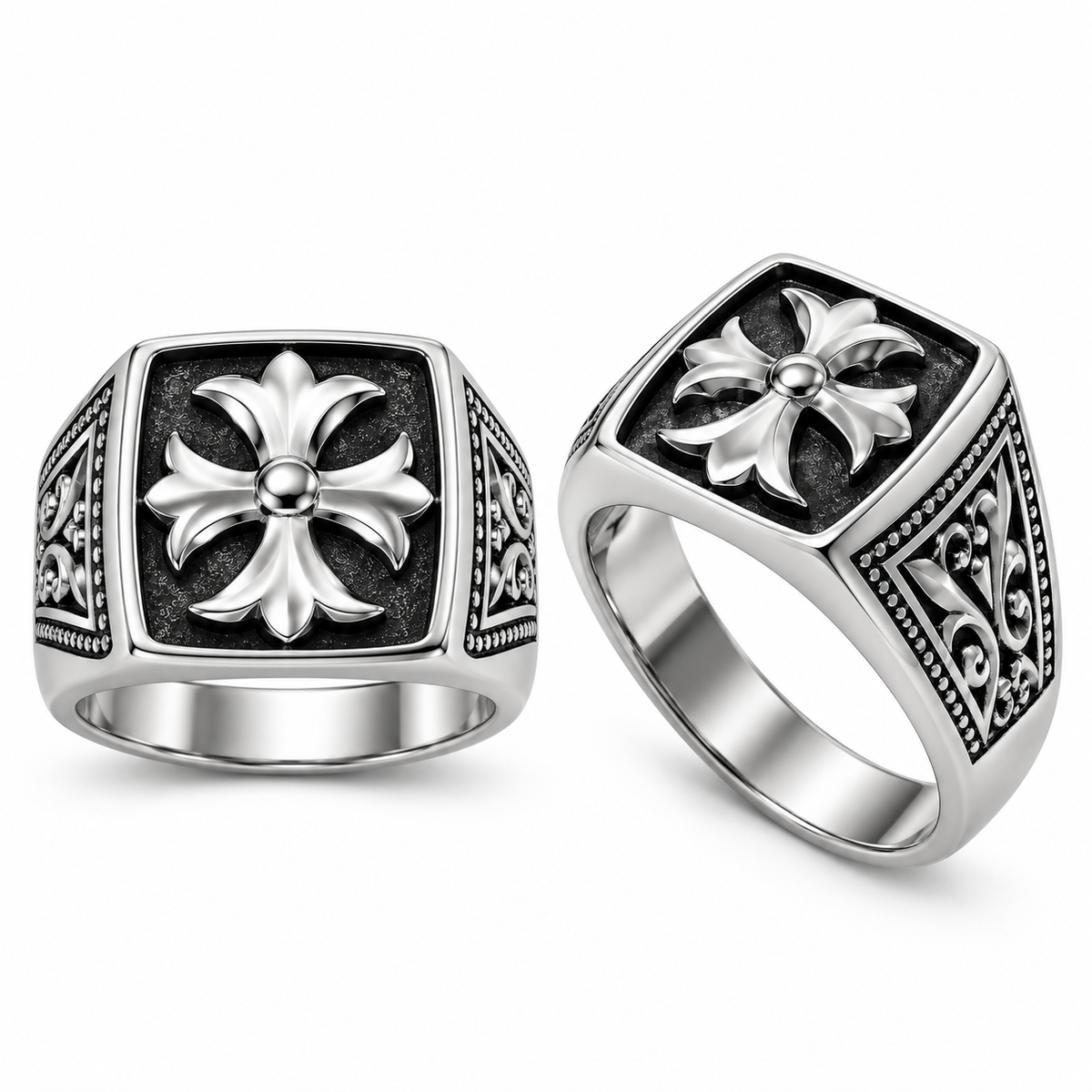Dual view of Men's gothic floral cross signet ring showing front face and side angle
