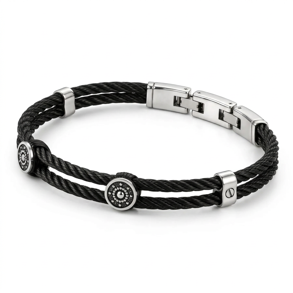 Angled studio view of men's black twisted cable triple station bangle with silver clasp
