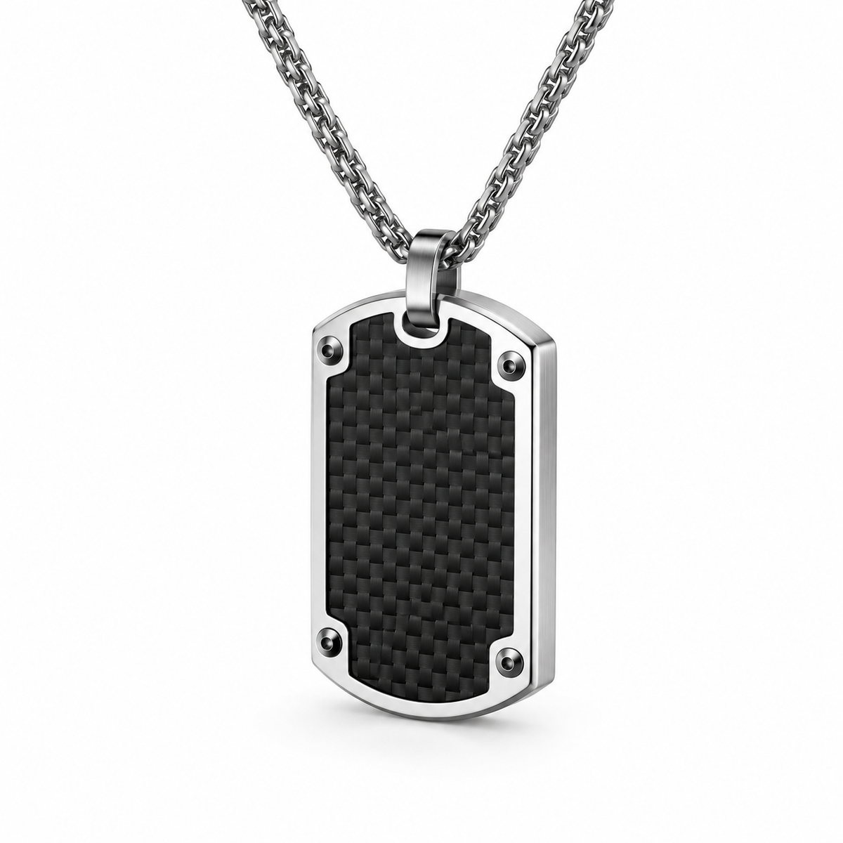 Model wearing men's stainless steel carbon fiber dog tag with black leather biker jacket
