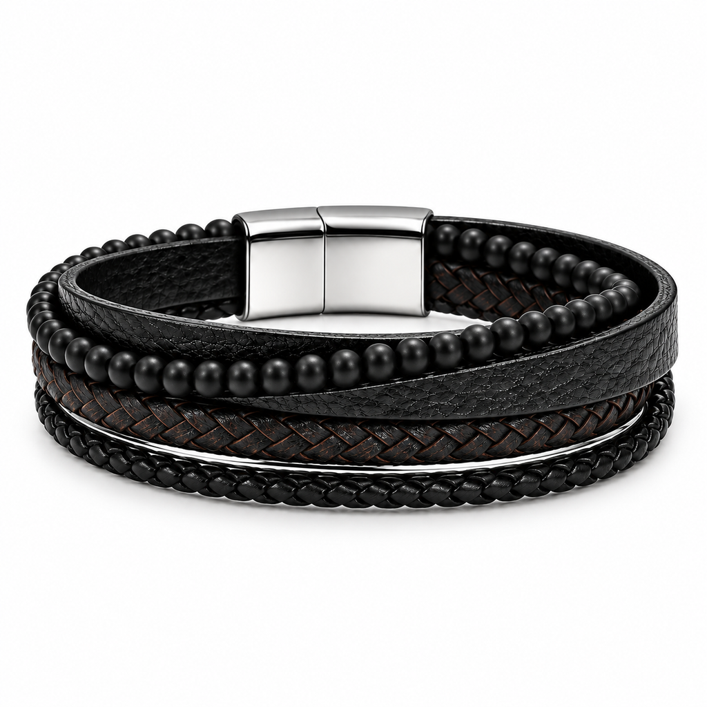 Men's Matte Black Onyx Multi-Layer Leather Bracelet with natural gemstone beads on white background
