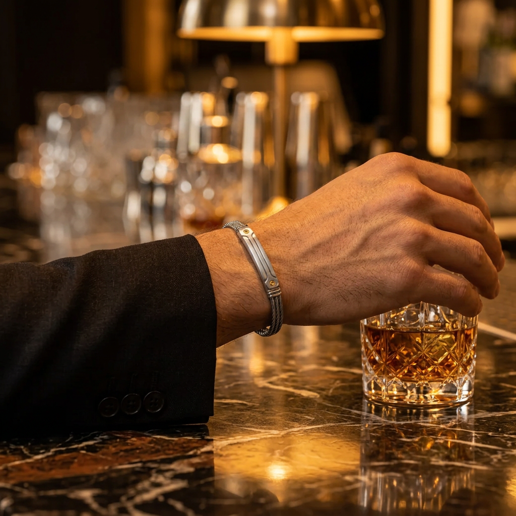Close-up wrist view of men's cable bracelet with gold screw accents on marble bar table
