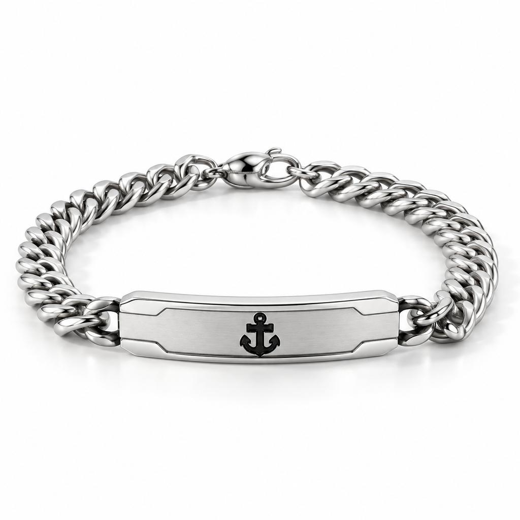 Men's stainless steel Cuban curb chain ID bar bracelet with engraved nautical anchor motif
