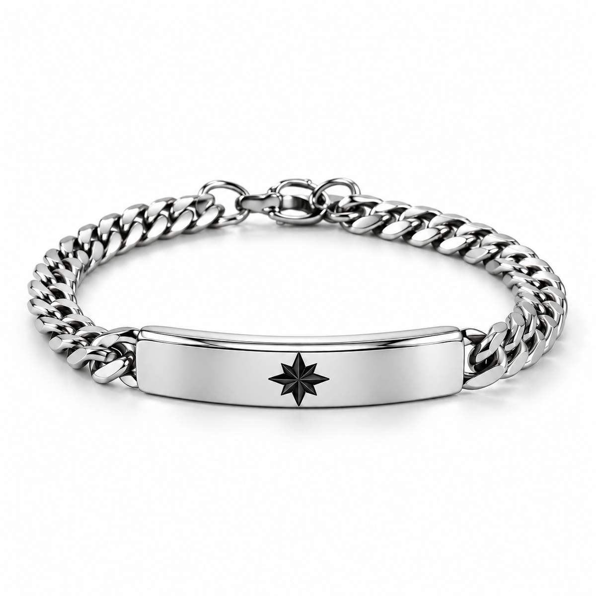 Men's stainless steel Cuban curb chain ID bar bracelet with engraved North Star motif

