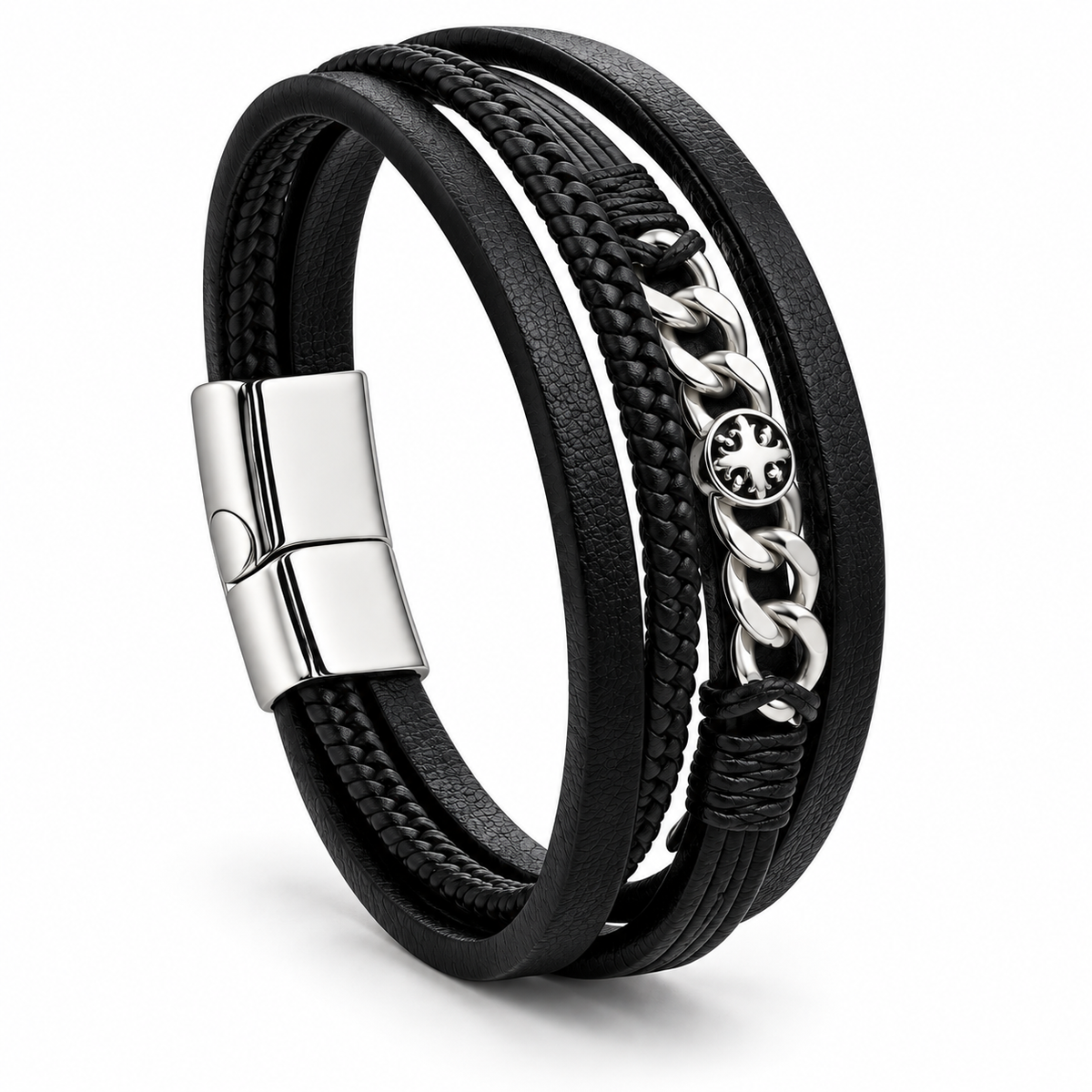 Side perspective view of Men's leather bracelet showing magnetic clasp and curb chain
