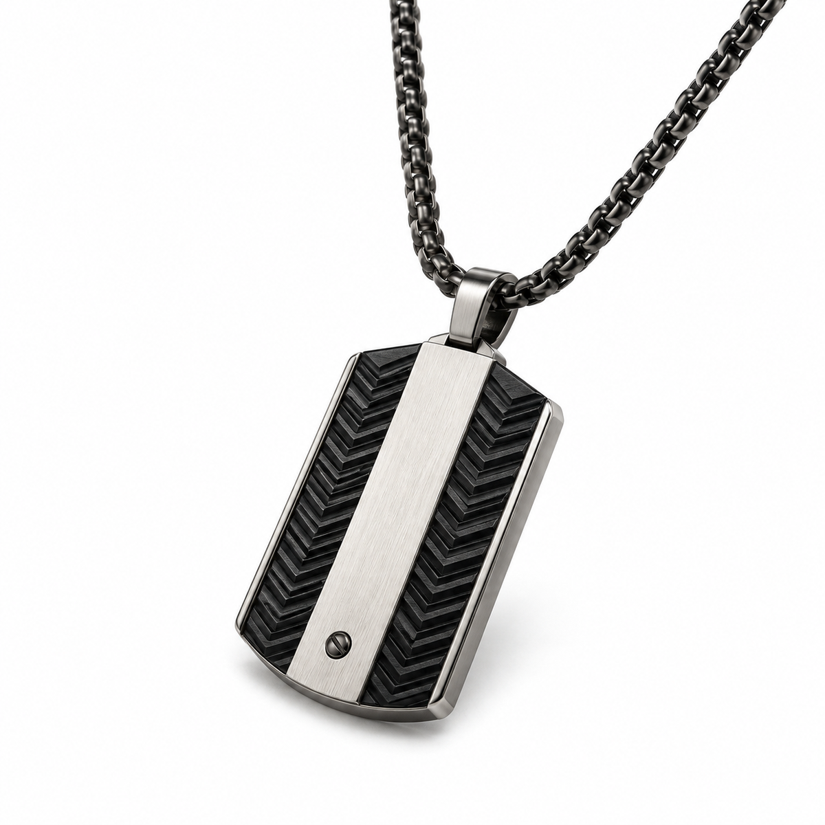 Angled studio view of men's two-tone chevron dog tag pendant on dark box chain
