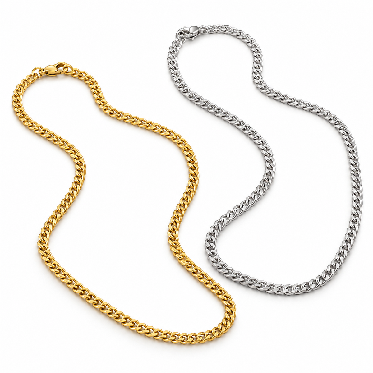 Pair of gold and silver stainless steel Cuban curb link chain necklaces
