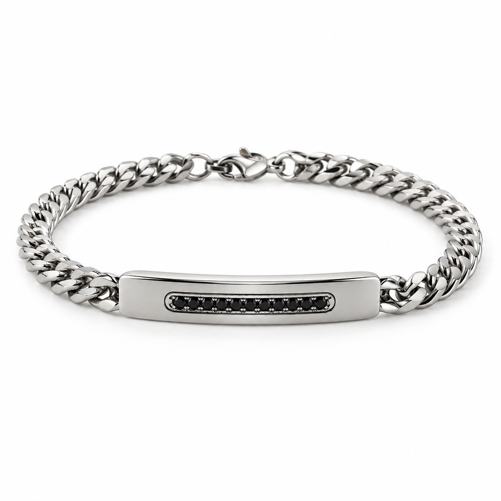 Men's stainless steel Cuban curb chain ID bar bracelet with channel-set black CZ stones

