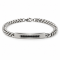 Men's stainless steel Cuban curb chain ID bar bracelet with channel-set black CZ stones
