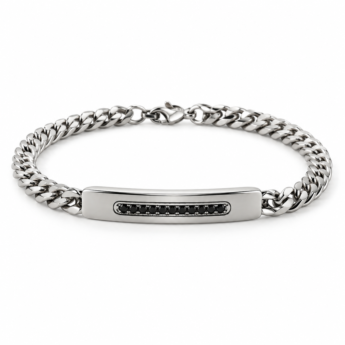 Men's stainless steel Cuban curb chain ID bar bracelet with channel-set black CZ stones
