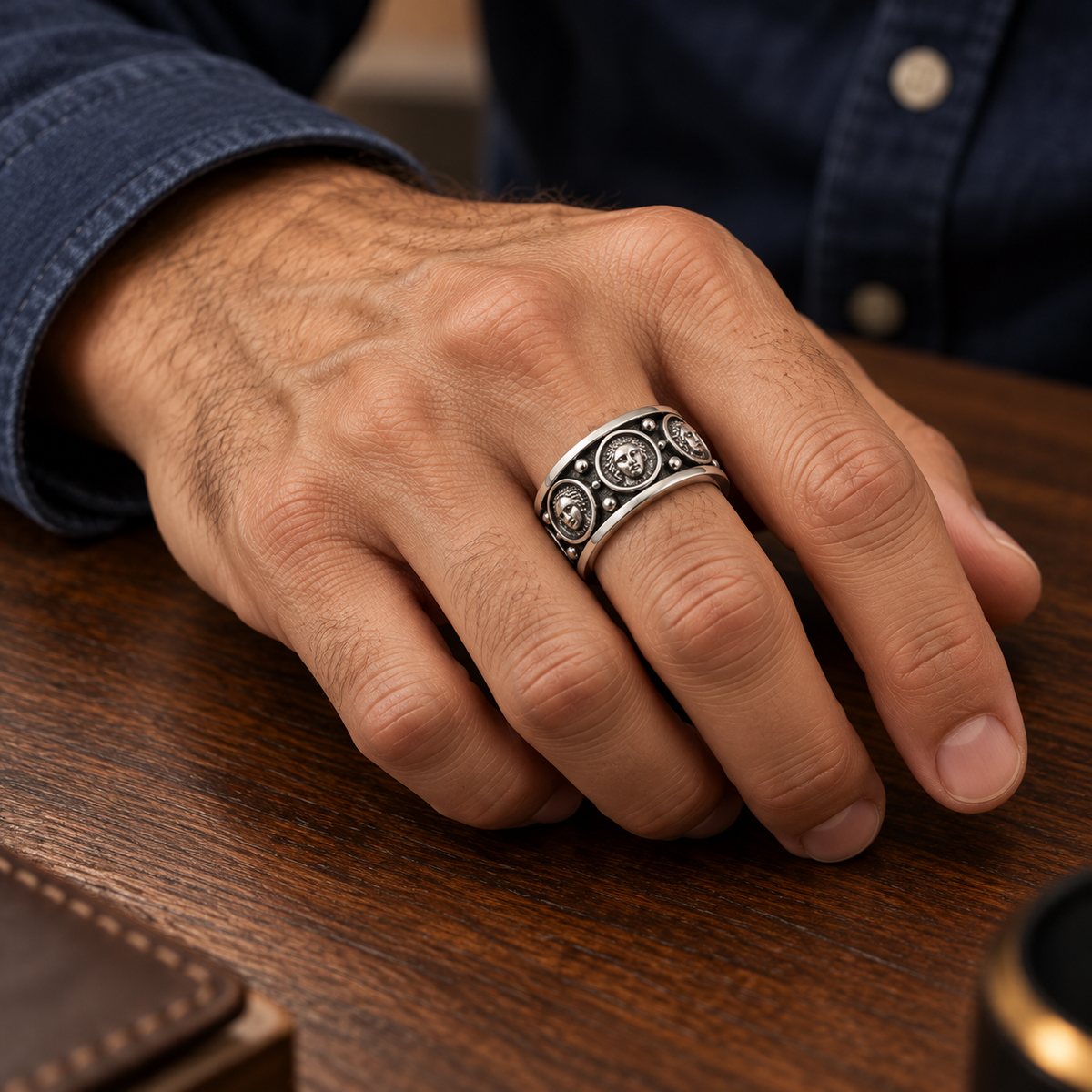 Male hand on wooden table wearing stainless steel Buddha medallion statement ring
