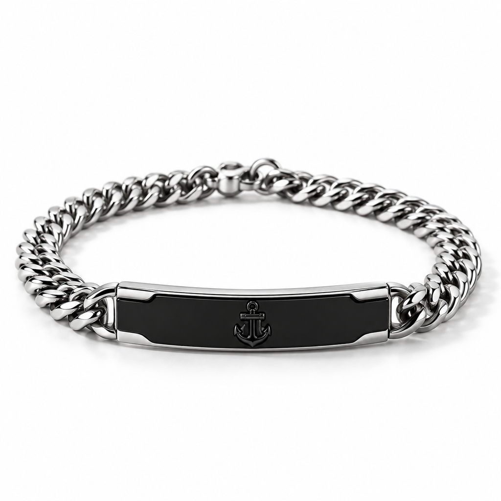 Men's Cuban Curb Chain Black Enamel Anchor ID Bar Bracelet – Stainless Steel Jewelry