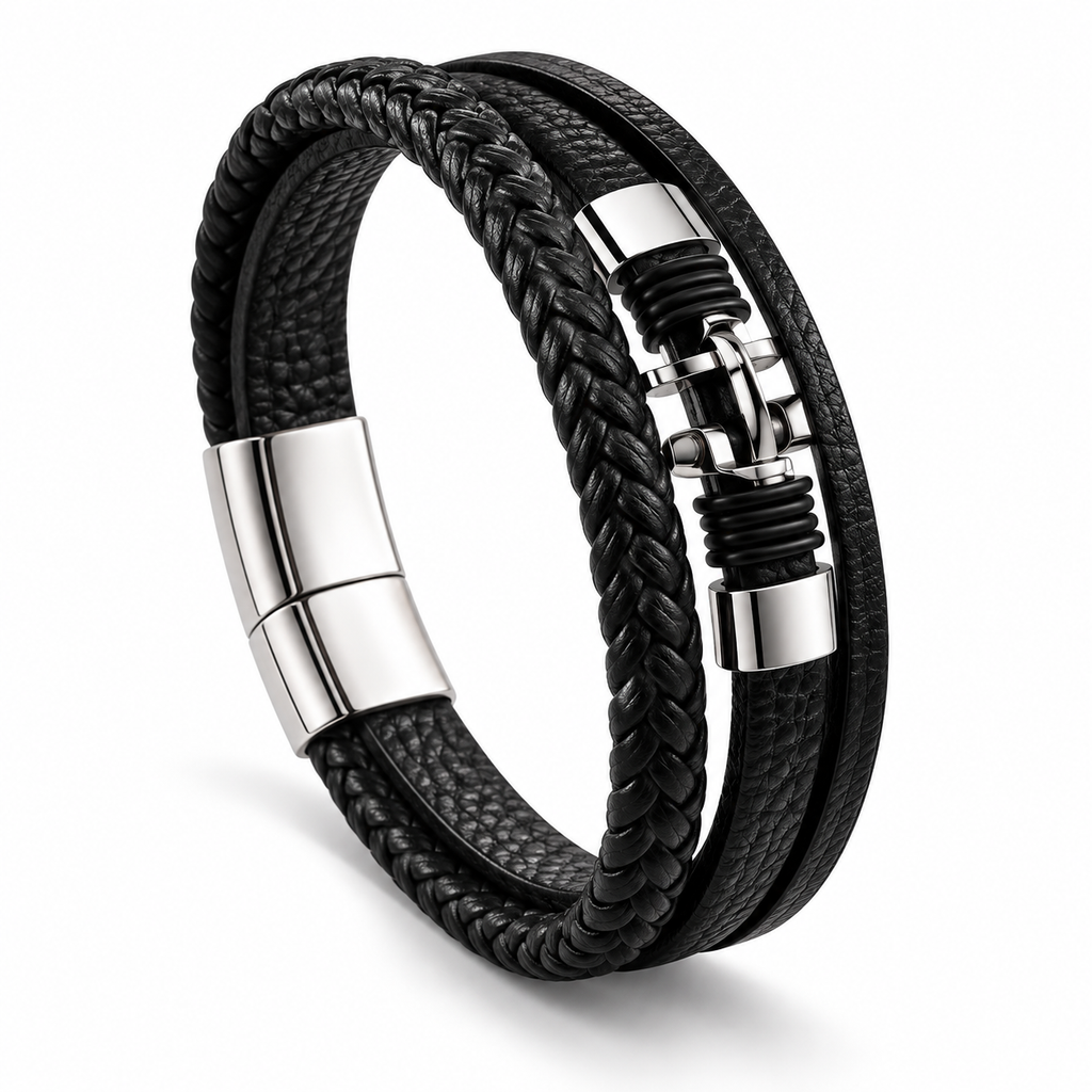 Men's Nautical Marine Shackle Leather Bracelet in black with stainless steel hook on white background
