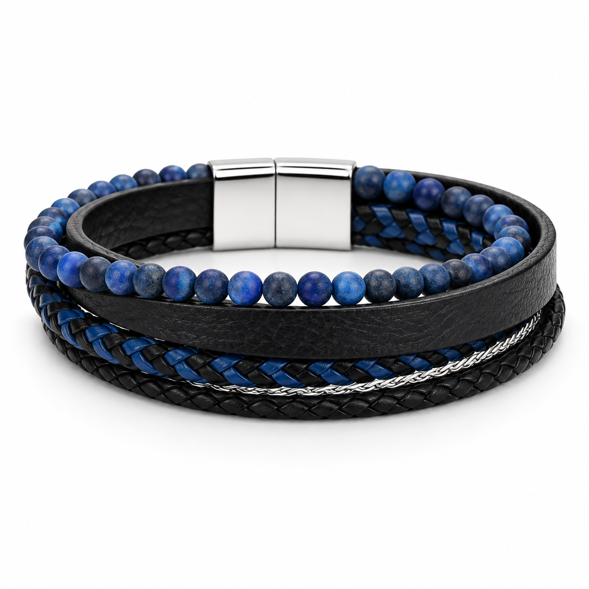 Men's Blue Tiger Eye Multi-Layer Leather Bracelet with natural gemstone beads on white background
