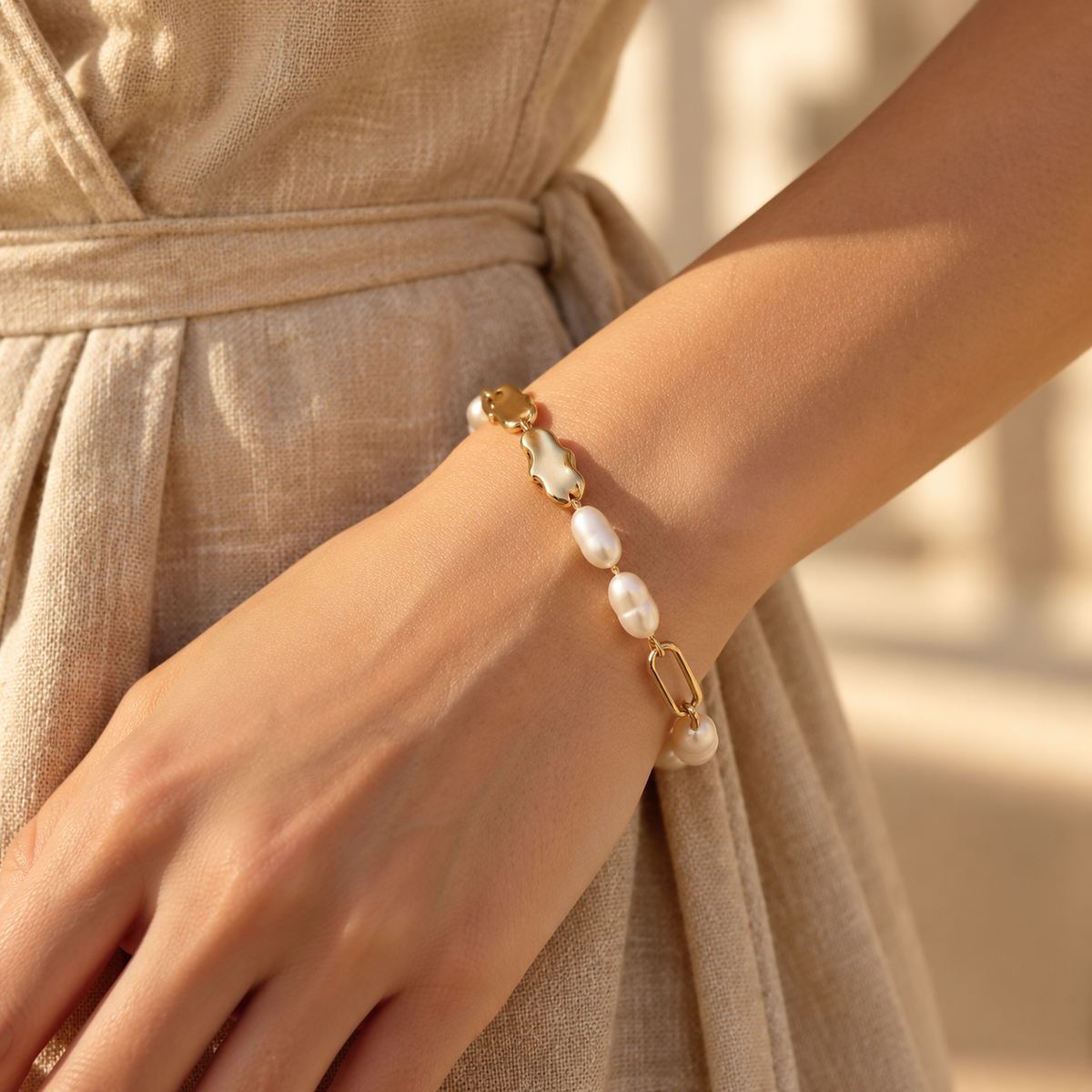 Elegant lifestyle view of woman wearing gold paperclip and natural pearl bracelet in neutral dress
