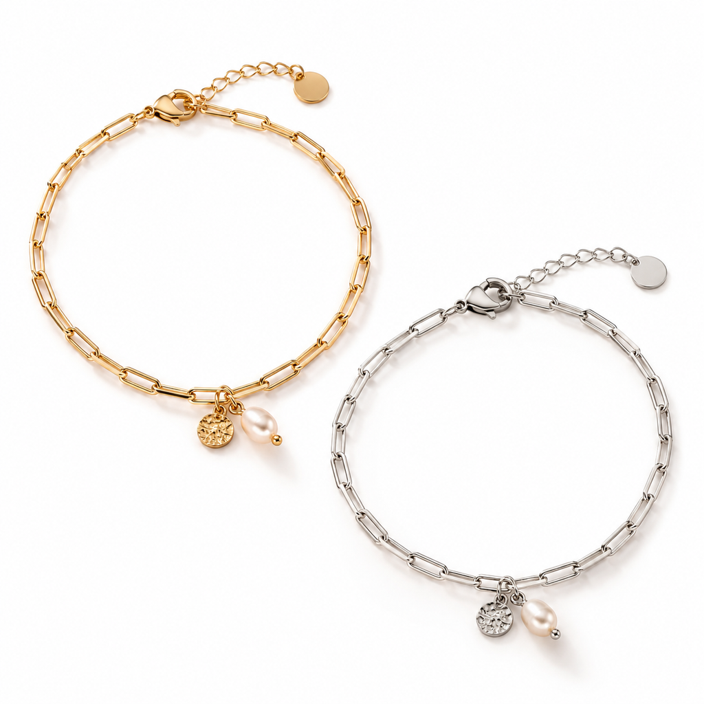Gold and silver stainless steel paperclip chain bracelets with freshwater pearl and coin charms on white background
