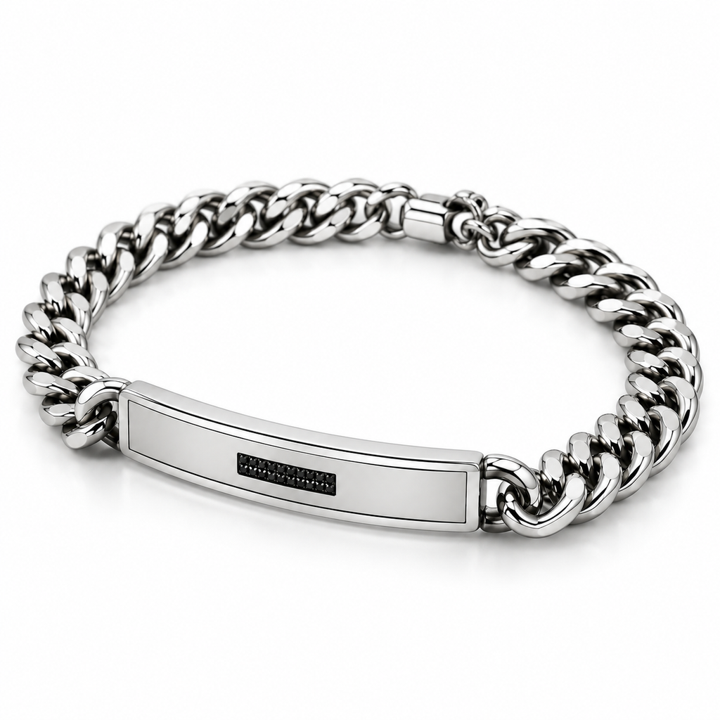 Angled studio view of men's stainless steel Cuban chain minimalist black CZ ID bracelet
