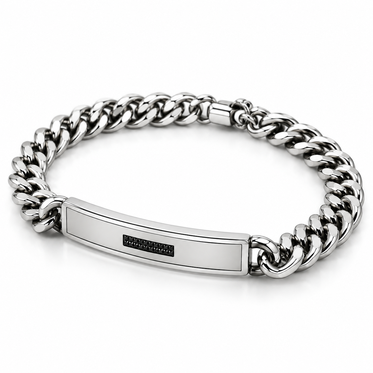 Angled studio view of men's stainless steel Cuban chain minimalist black CZ ID bracelet
