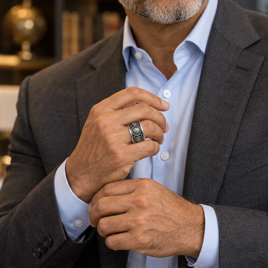Gentleman in charcoal suit adjusting cuff while wearing Men's Buddha head band ring
