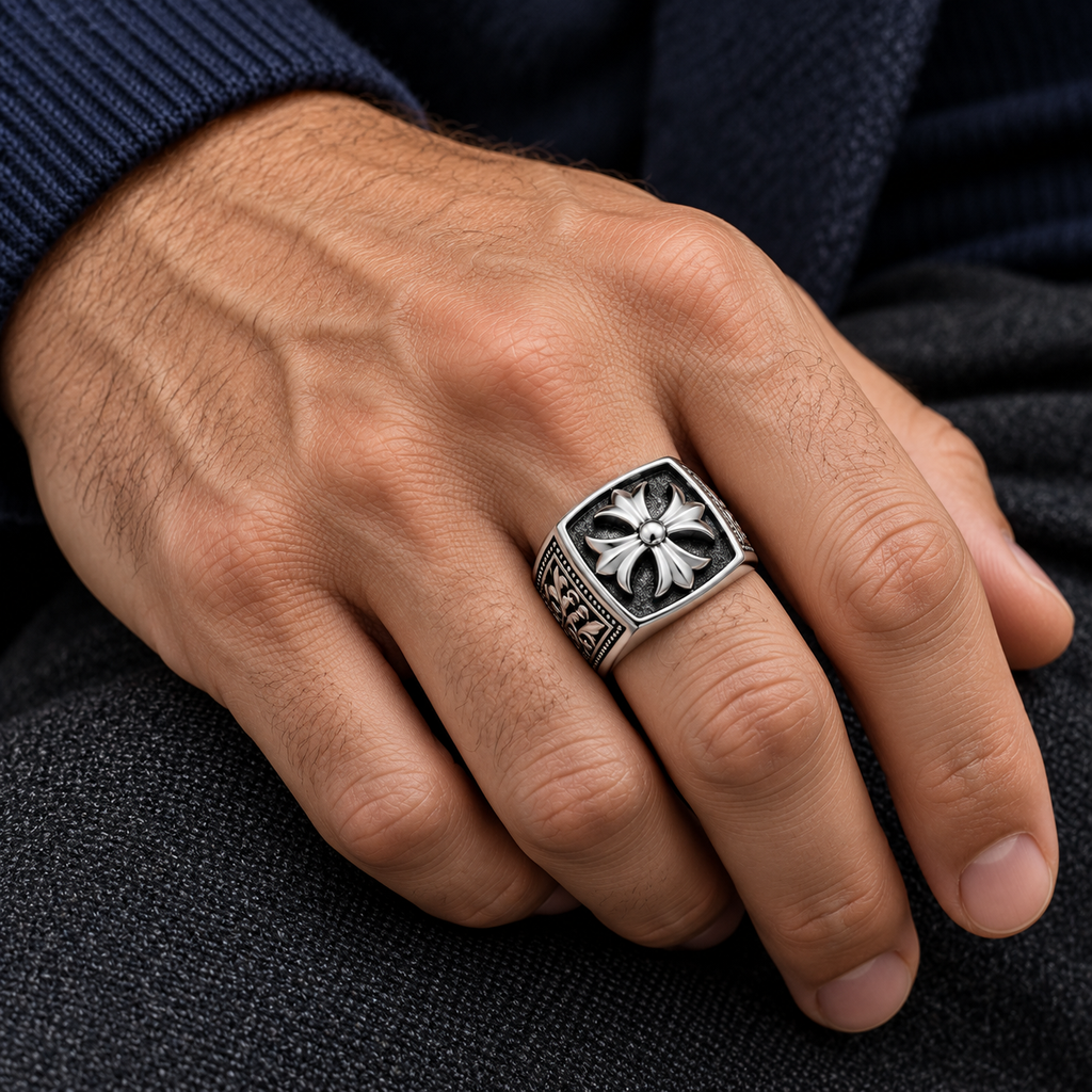 Male hand wearing stainless steel flared cross signet ring on middle finger
