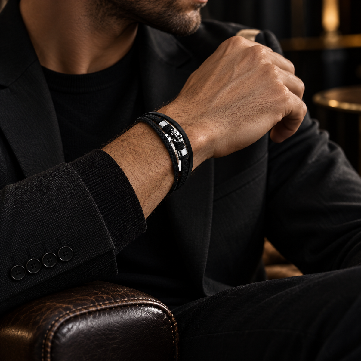 Male wrist resting on leather armchair wearing nautical shackle braided leather bracelet
