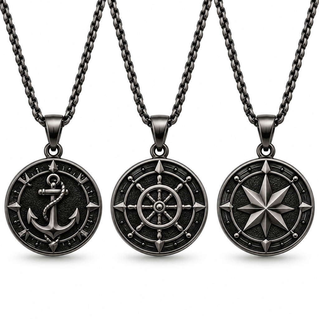 Men's vintage nautical medallion pendant necklace collection in stainless steel
