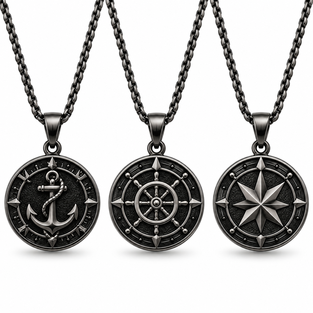 Men's vintage nautical medallion pendant necklace collection in stainless steel
