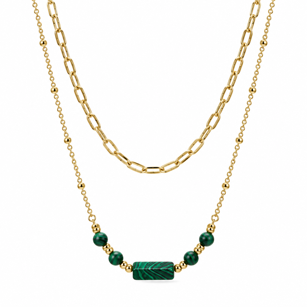Women's layered gold necklace featuring a chunky paperclip choker chain and a beaded satellite chain with a rectangular green malachite bar.

