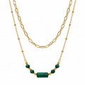 Women's layered gold necklace featuring a chunky paperclip choker chain and a beaded satellite chain with a rectangular green malachite bar.
