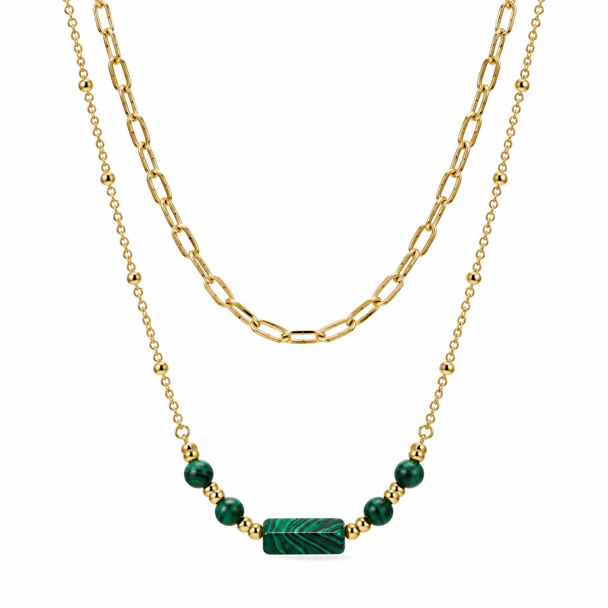 Women's layered gold necklace featuring a chunky paperclip choker chain and a beaded satellite chain with a rectangular green malachite bar.
