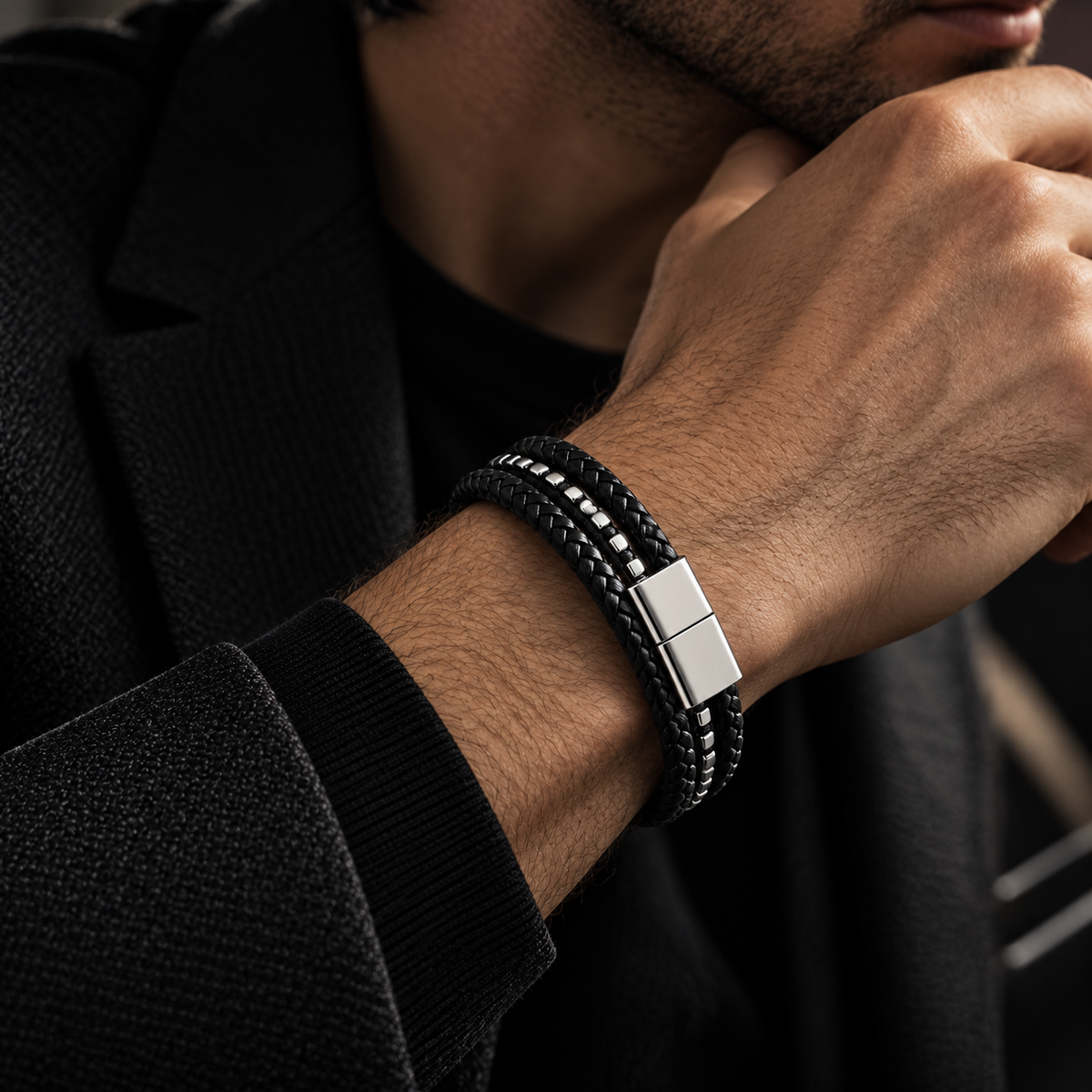 Male model in all-black attire touching beard showing stainless steel studded leather bracelet

