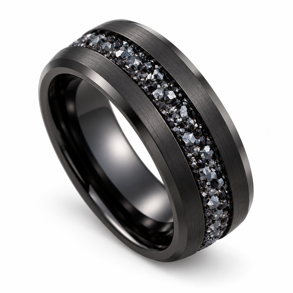Angled view of black stainless steel wedding band showing beveled edges and crystal inlay
