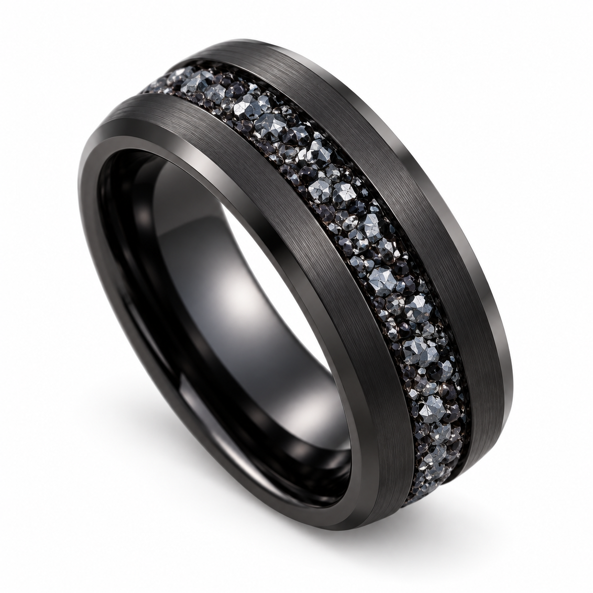 Angled view of black stainless steel wedding band showing beveled edges and crystal inlay
