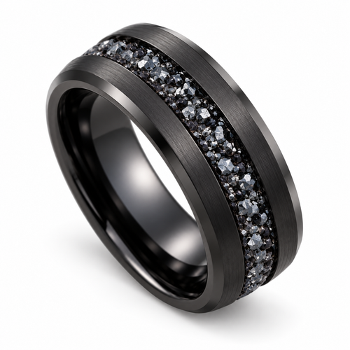 Angled view of black stainless steel wedding band showing beveled edges and crystal inlay
