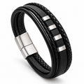 Men's Segmented Bar Multi-Layer Leather Bracelet in black with stainless steel accents on white background
