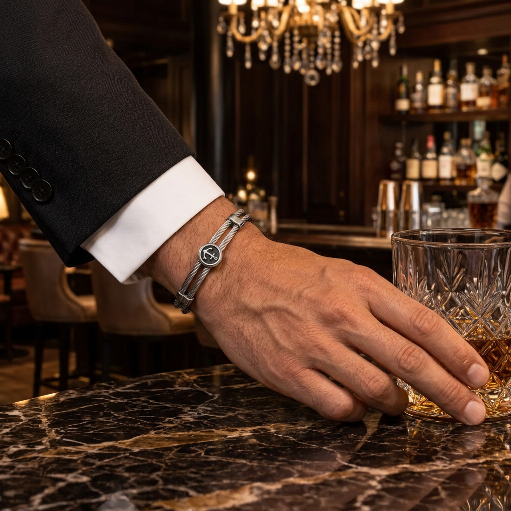 Close-up wrist view of men's cable anchor medallion bangle on marble bar table
