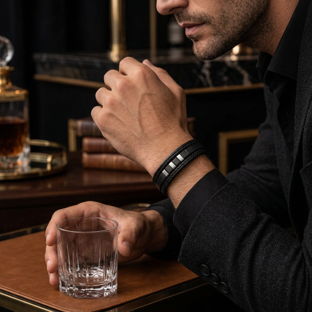 Gentleman at bar table with whiskey glass wearing Men's geometric ladder bar leather bracelet
