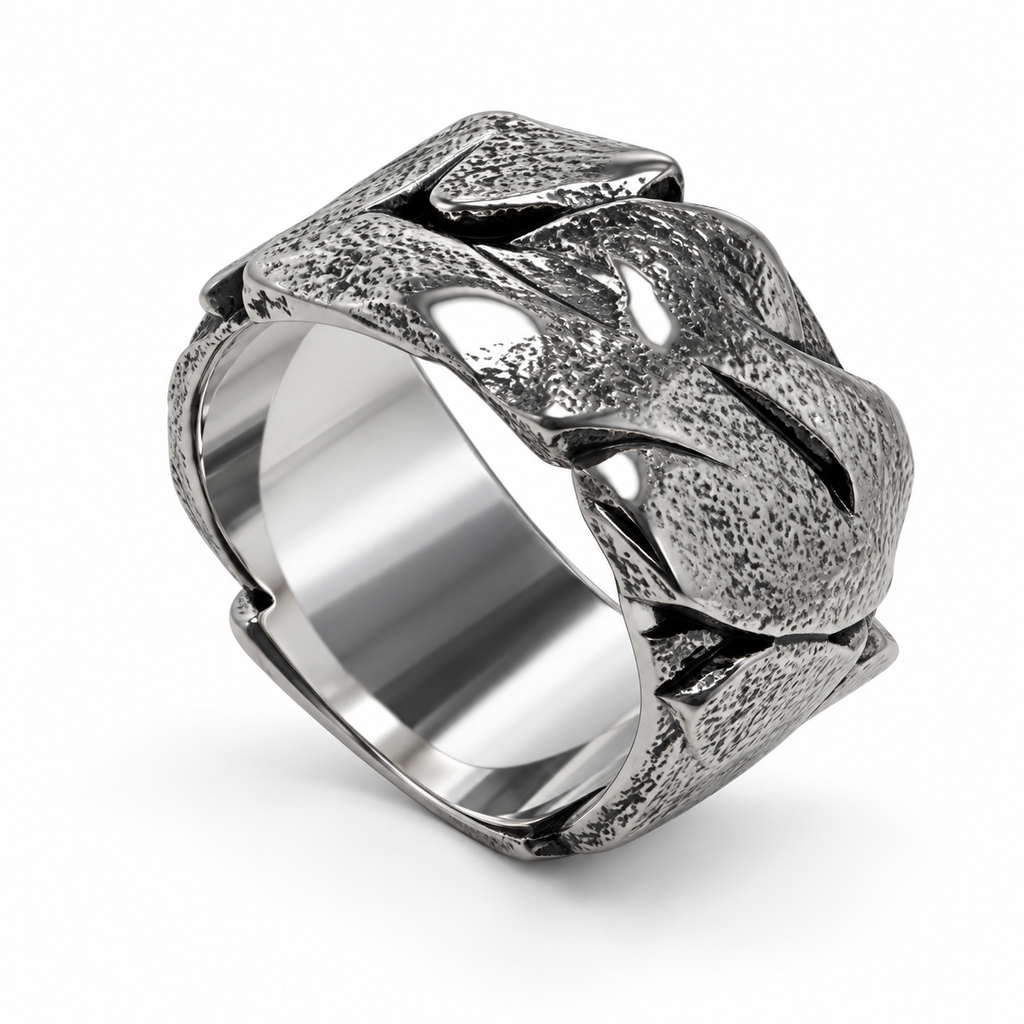 Men's Textured Cuban Link Ring in raw stone finish stainless steel on white background
