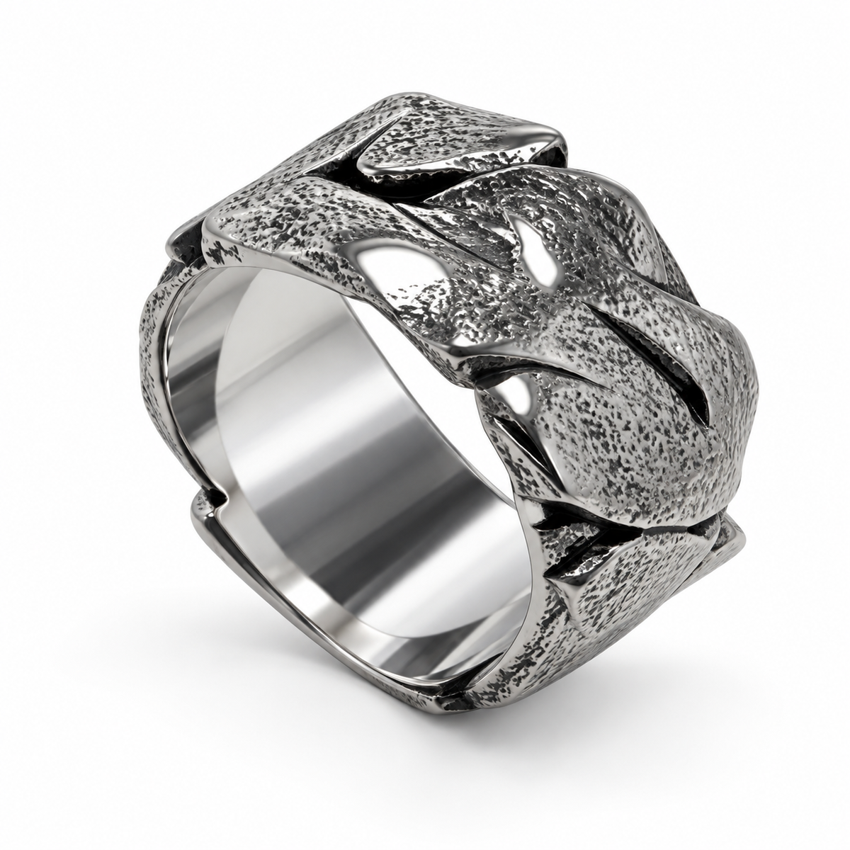 Men's Textured Cuban Link Ring in raw stone finish stainless steel on white background
