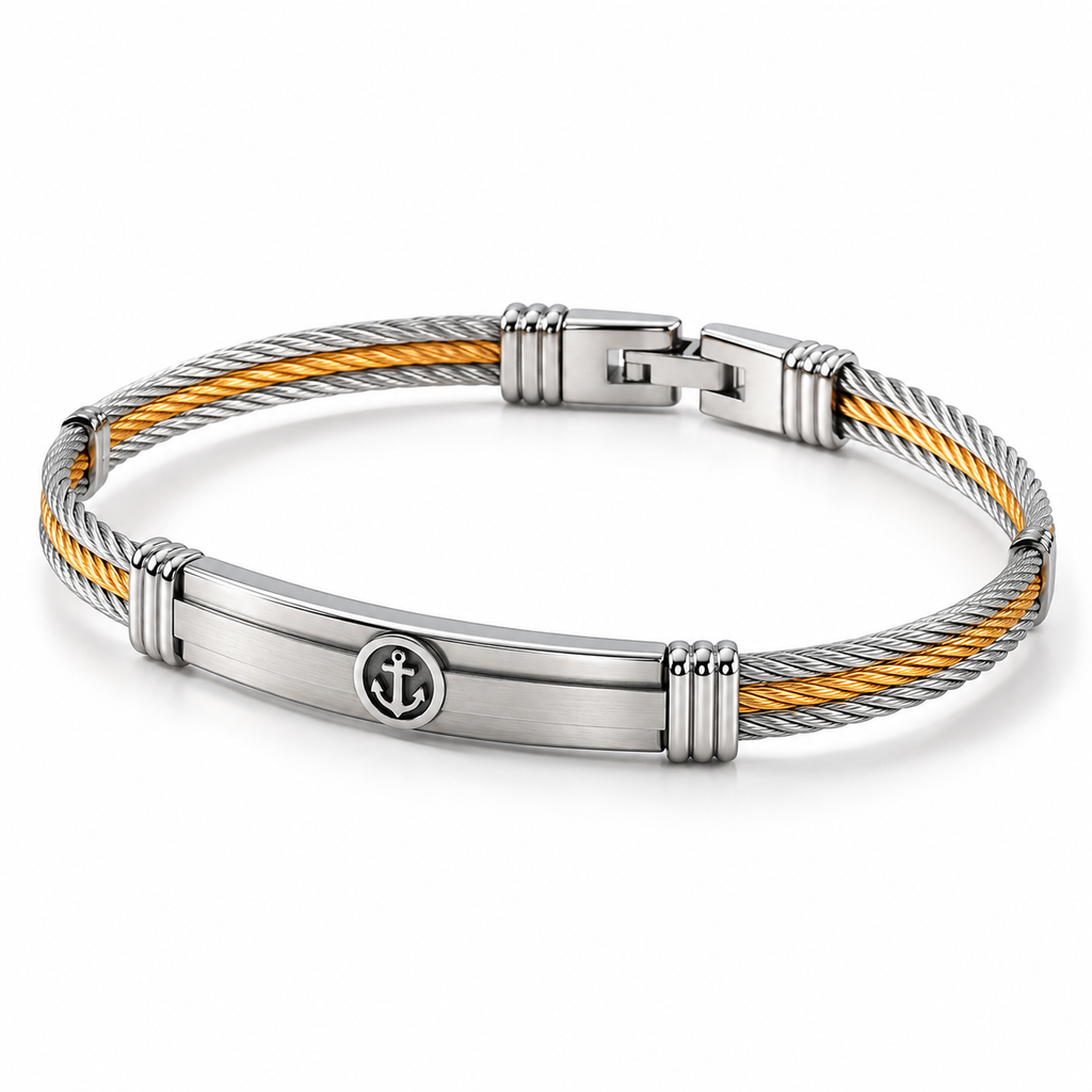 Angled studio view of men's two-tone twisted wire cable anchor bracelet with fold-over clasp
