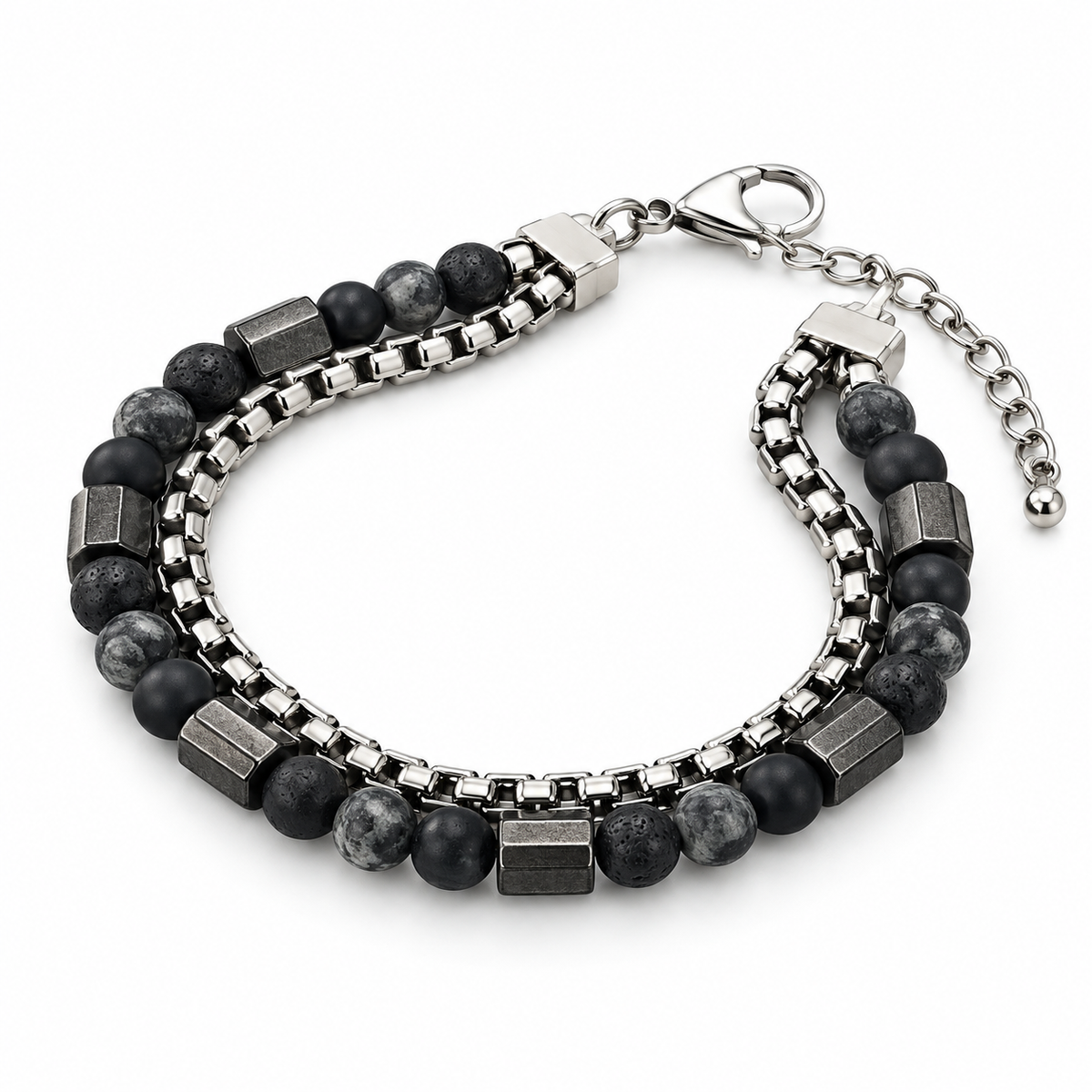Men's Monochrome Stone & Box Chain Double-Strand Bracelet with black lava and hematite on white background
