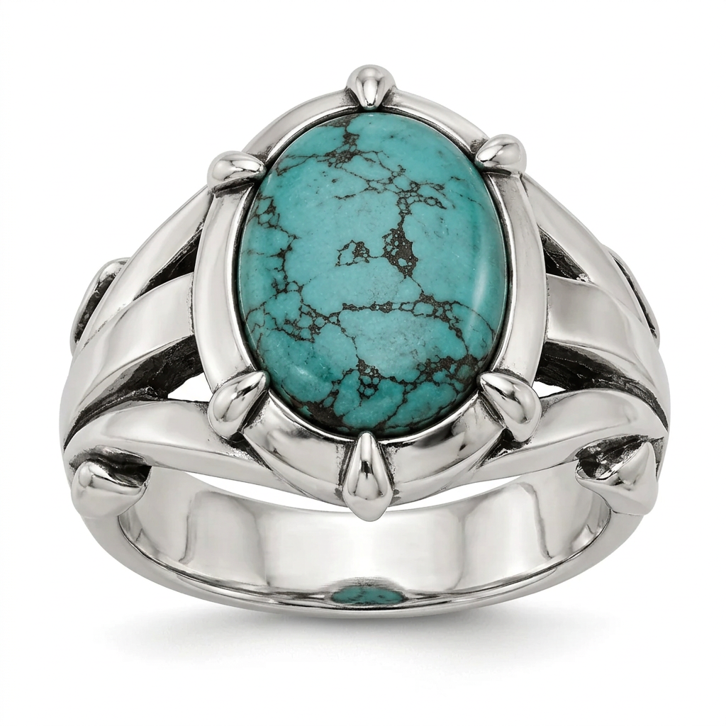 Men's Vintage Southwest Turquoise Ring in stainless steel with crown claw setting
