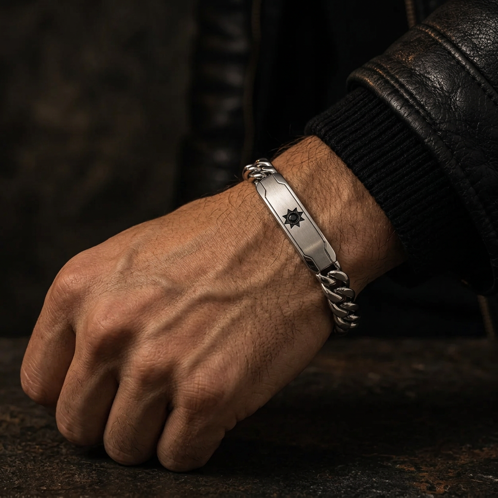 Close-up wrist view of men's Cuban chain sun ID bracelet with black leather jacket
